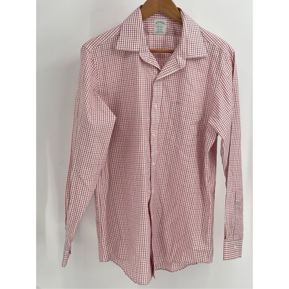 Brooks Brothers Button Down Shirt Men's 16/34 Red White Blue Check Plaid No Iron